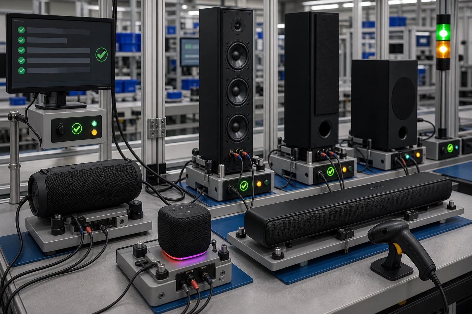 End-of-line test stations for audio products with pass indicators