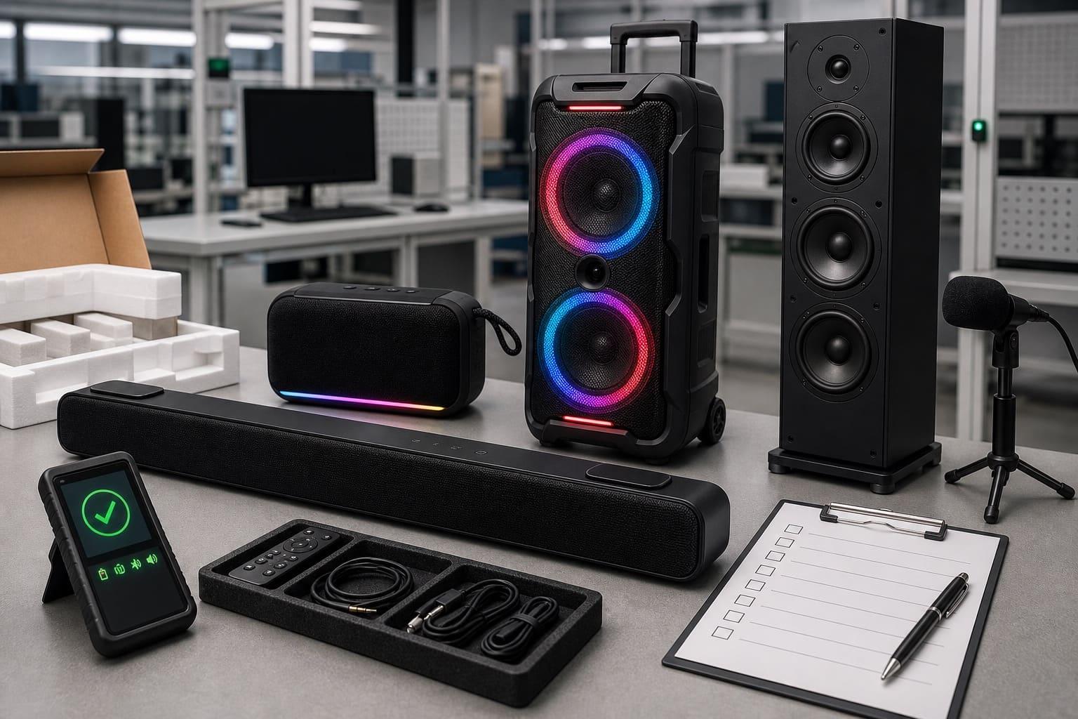 Final inspection table with soundbar, speaker products, accessories, and checklist